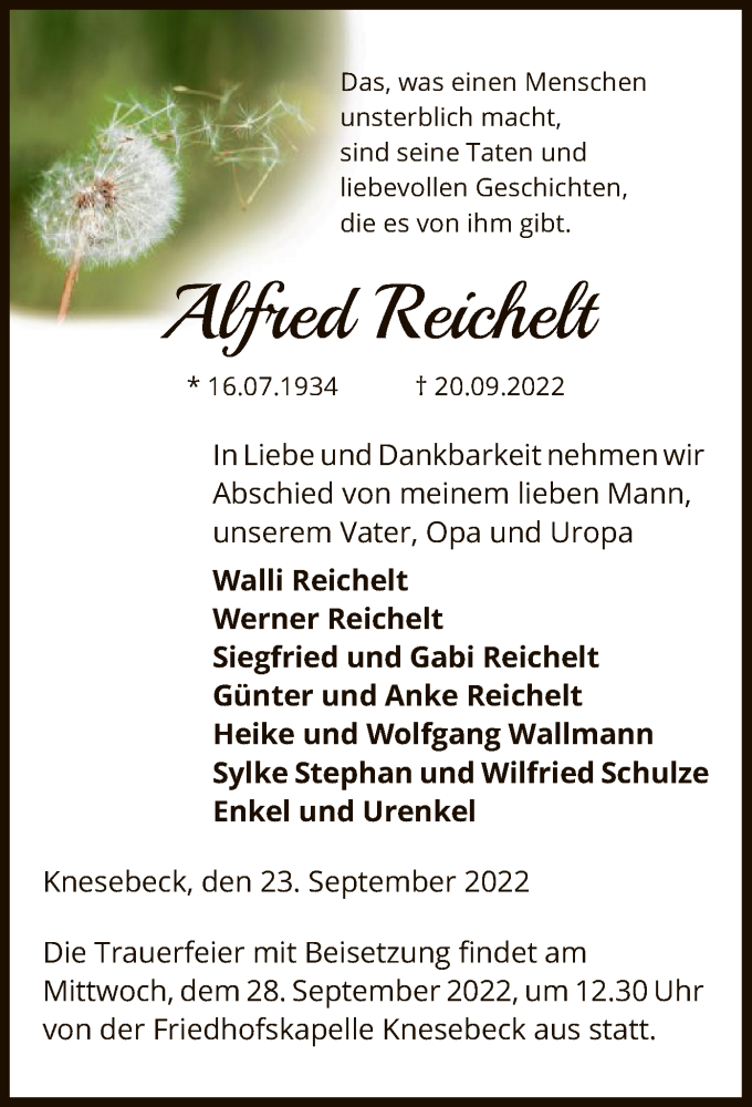  Traueranzeige für Alfred Reichelt vom 23.09.2022 aus UEL