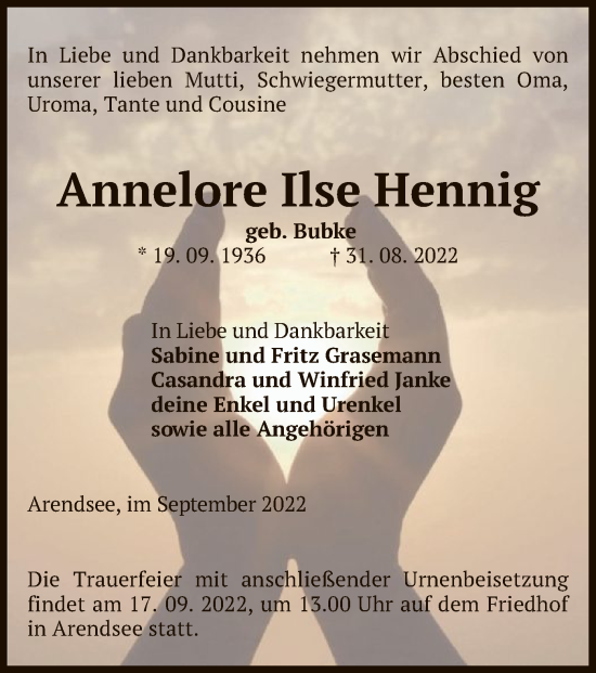 Traueranzeige von Annelore Ilse Hennig von UEL