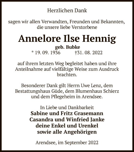 Traueranzeige von Annelore Ilse Hennig von UEL