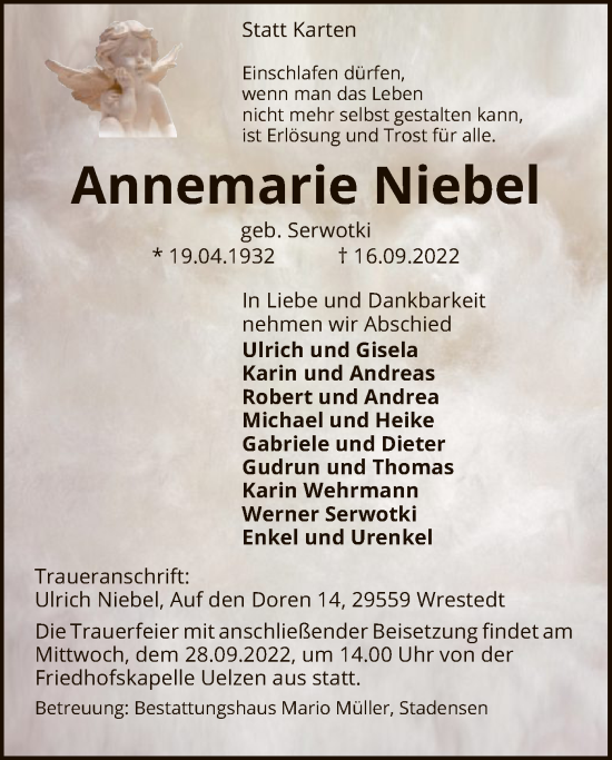 Traueranzeige von Annemarie Niebel von UEL