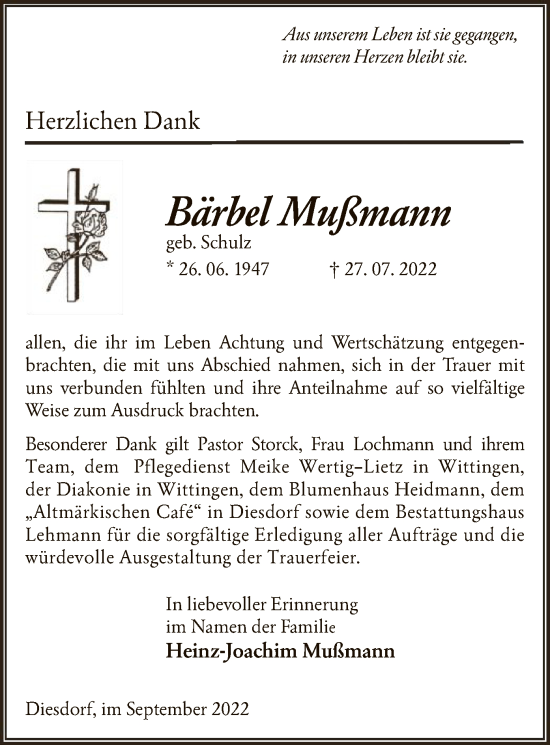 Traueranzeige von Bärbel Mußmann von UEL