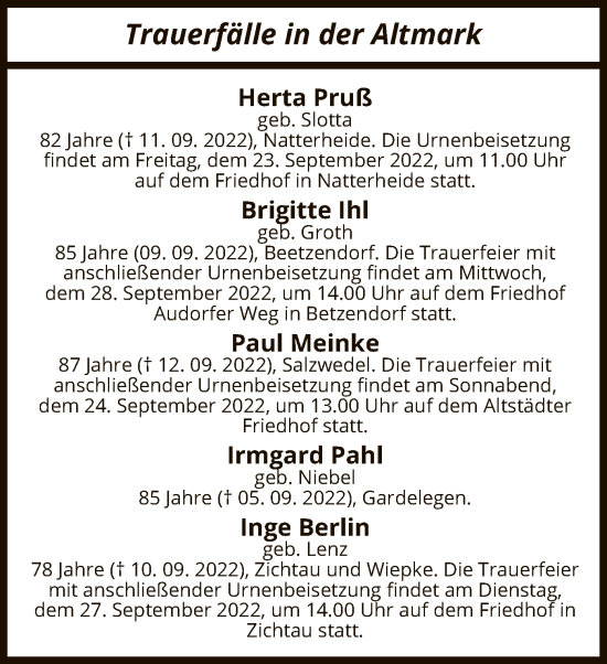 Traueranzeige von Bestattungen vom 15.09.2022 von UEL