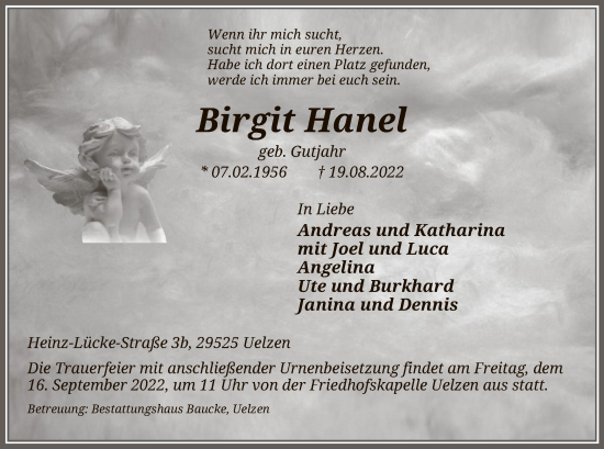 Traueranzeige von Birgit Hanel von UEL