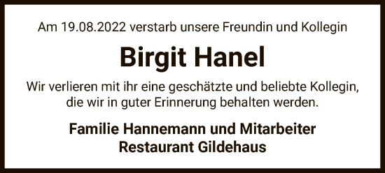 Traueranzeige von Birgit Hanel von UEL