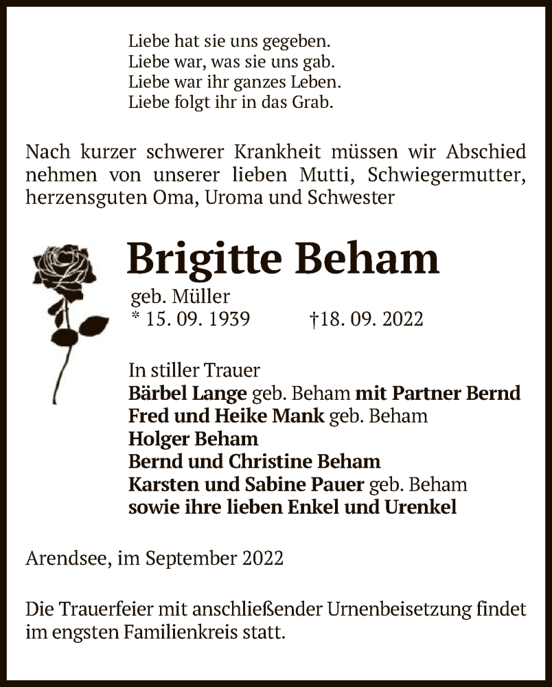  Traueranzeige für Brigitte Beham vom 22.09.2022 aus UEL