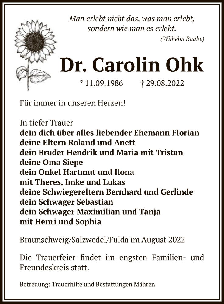  Traueranzeige für Carolin Ohk vom 07.09.2022 aus UEL