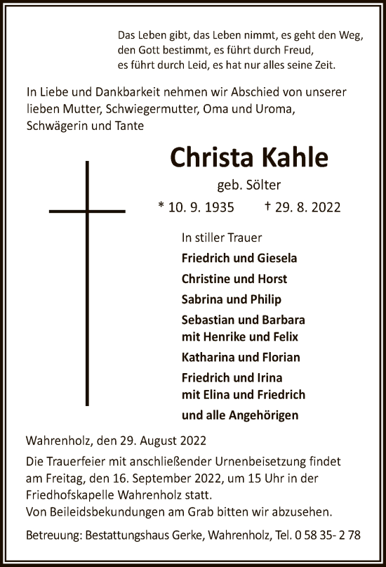 Traueranzeige von Christa Kahle von UEL