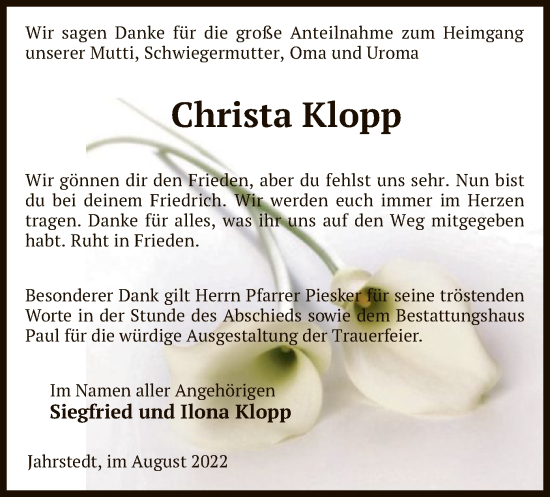 Traueranzeige von Christa Klopp von UEL