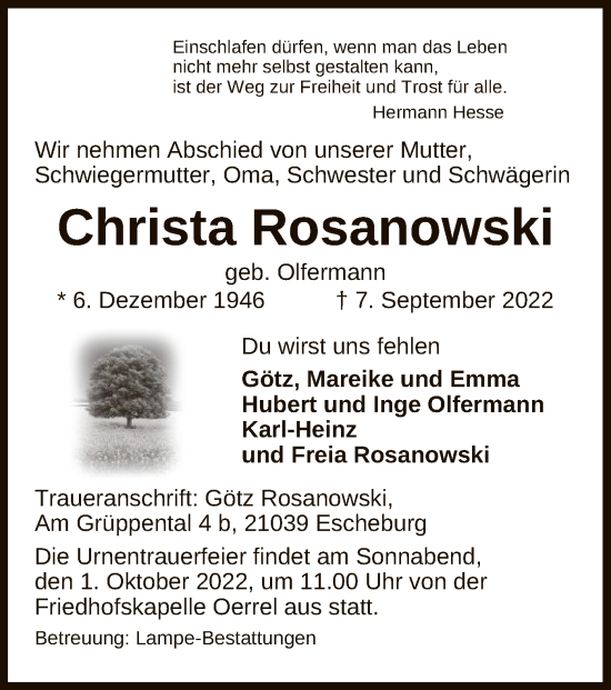 Traueranzeige von Christa Rosanowski von UEL