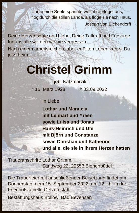 Traueranzeige von Christel Grimm von UEL