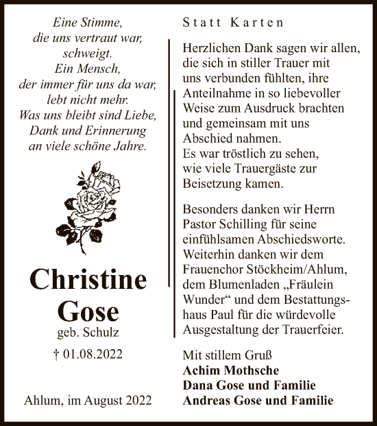 Traueranzeige von Christine Gose von UEL