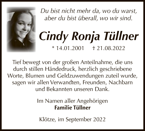 Traueranzeige von Cindy Ronja Tüllner von UEL