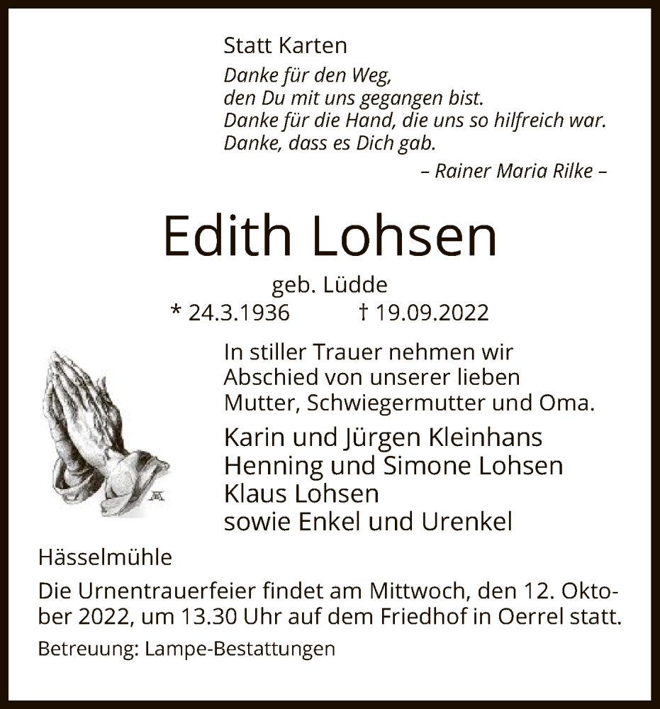  Traueranzeige für Edith Lohsen vom 22.09.2022 aus UEL