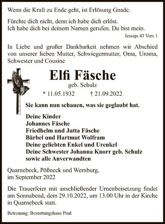 Traueranzeige von Elfi Fäsche von UEL