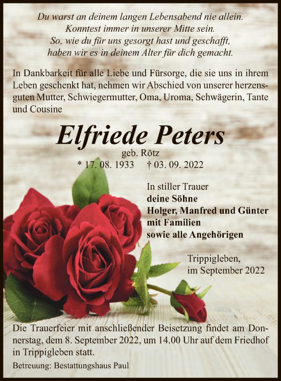 Traueranzeige von Elfriede Peters von UEL