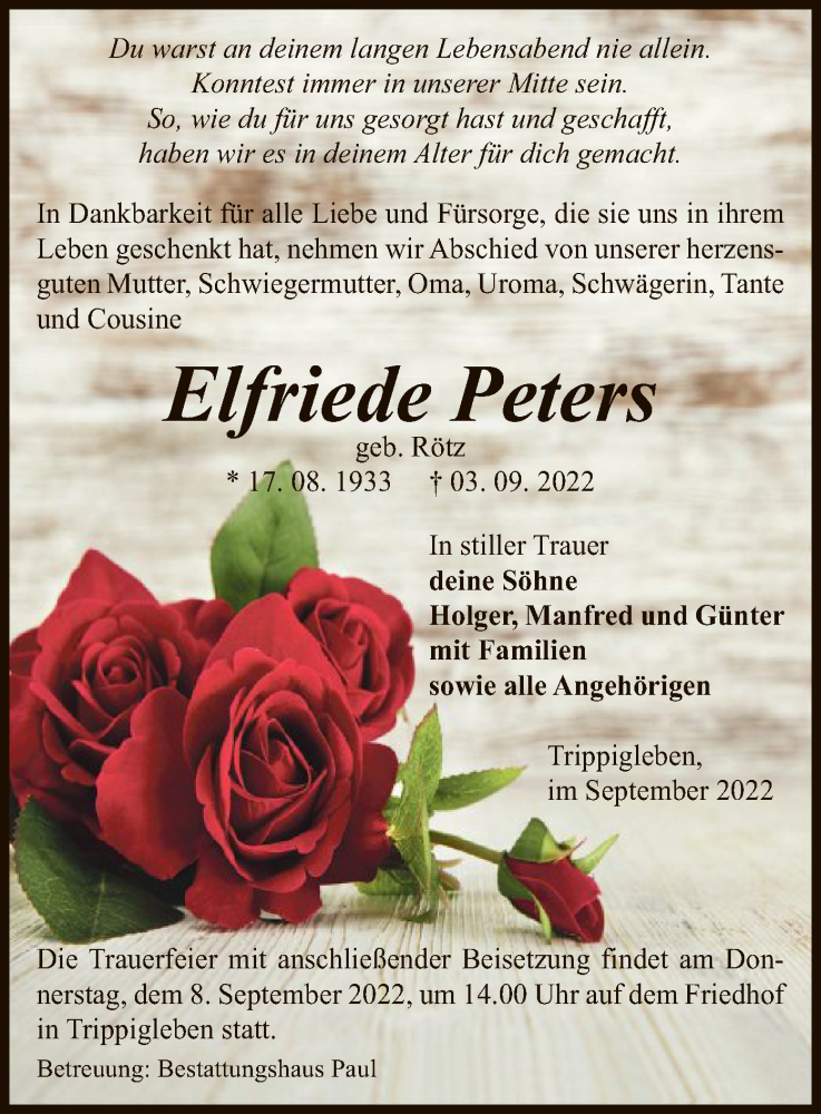  Traueranzeige für Elfriede Peters vom 06.09.2022 aus UEL