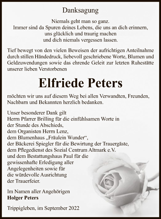 Traueranzeige von Elfriede Peters von UEL