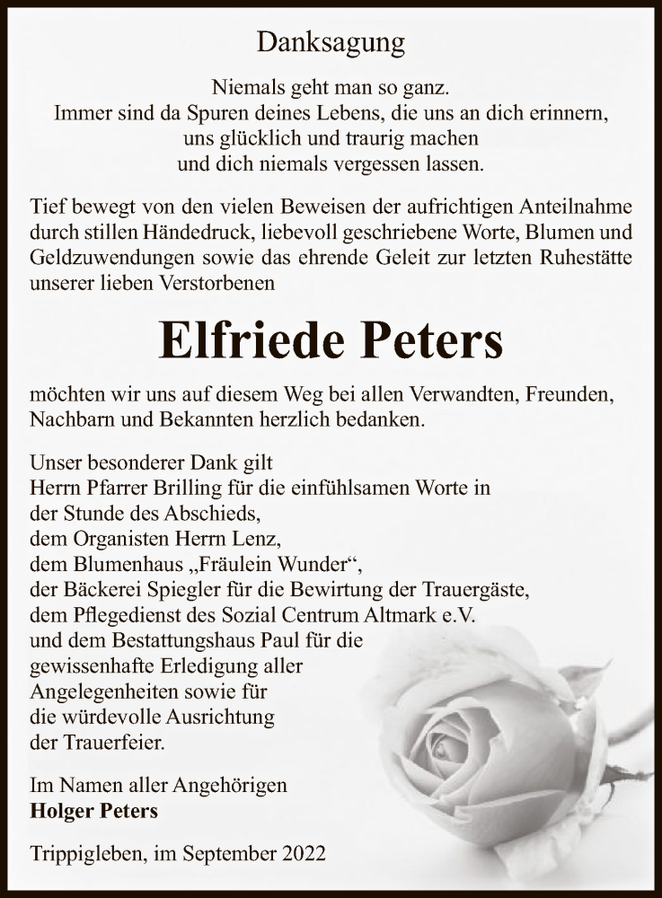  Traueranzeige für Elfriede Peters vom 23.09.2022 aus UEL
