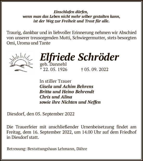 Traueranzeige von Elfriede Schröder von UEL