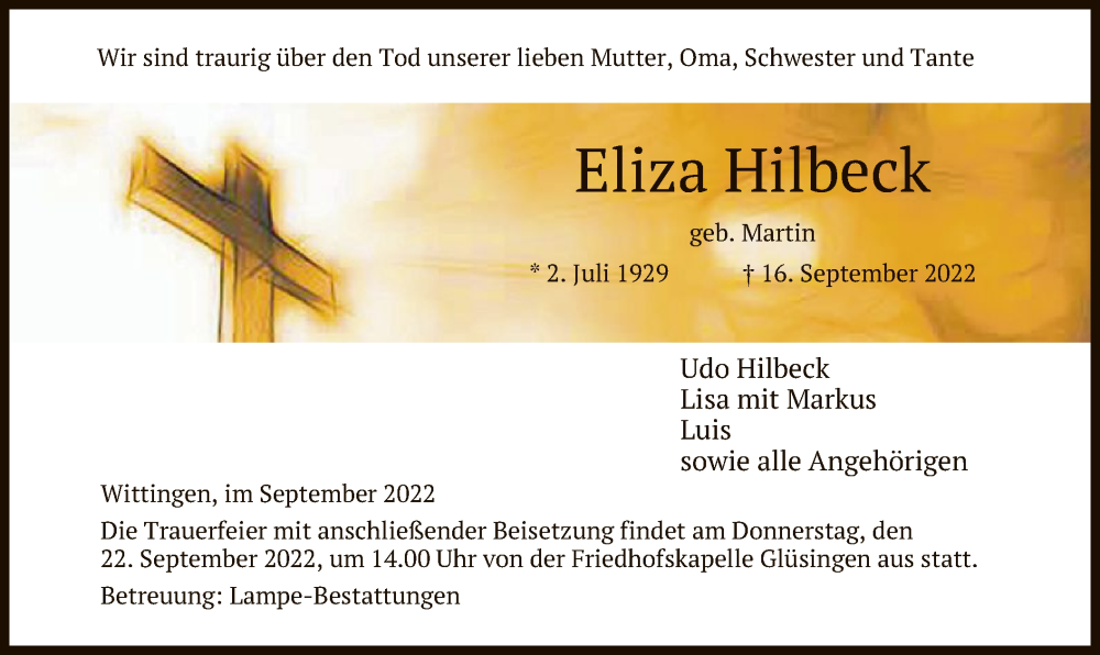  Traueranzeige für Eliza Hilbeck vom 20.09.2022 aus UEL