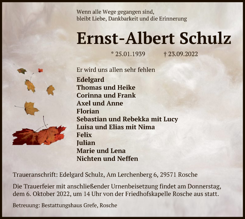  Traueranzeige für Ernst-Albert Schulz vom 30.09.2022 aus UEL