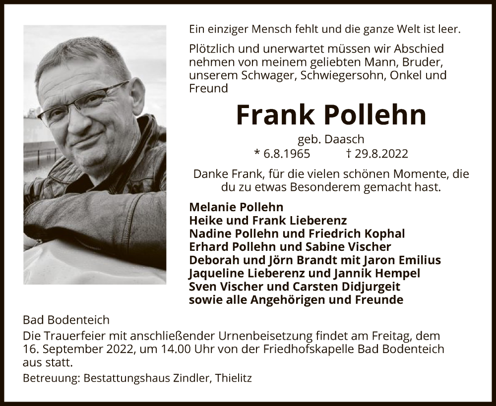  Traueranzeige für Frank Pollehn vom 10.09.2022 aus UEL