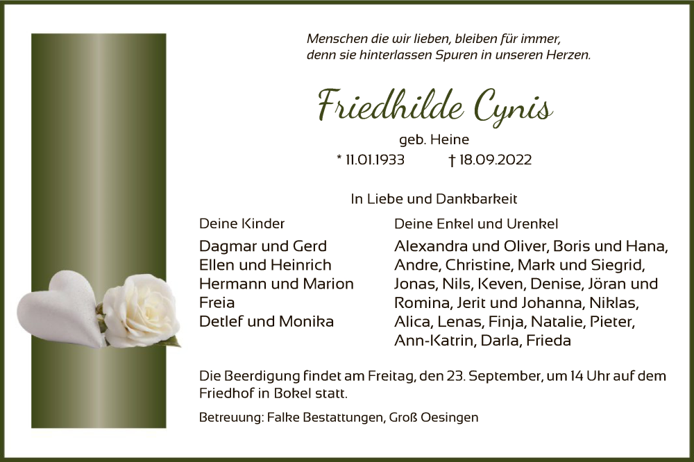  Traueranzeige für Friedhilde Cynis vom 21.09.2022 aus UEL