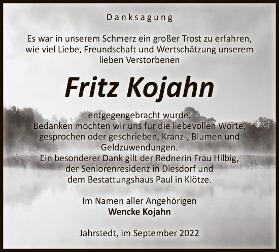 Traueranzeige von Fritz Kojahn von UEL