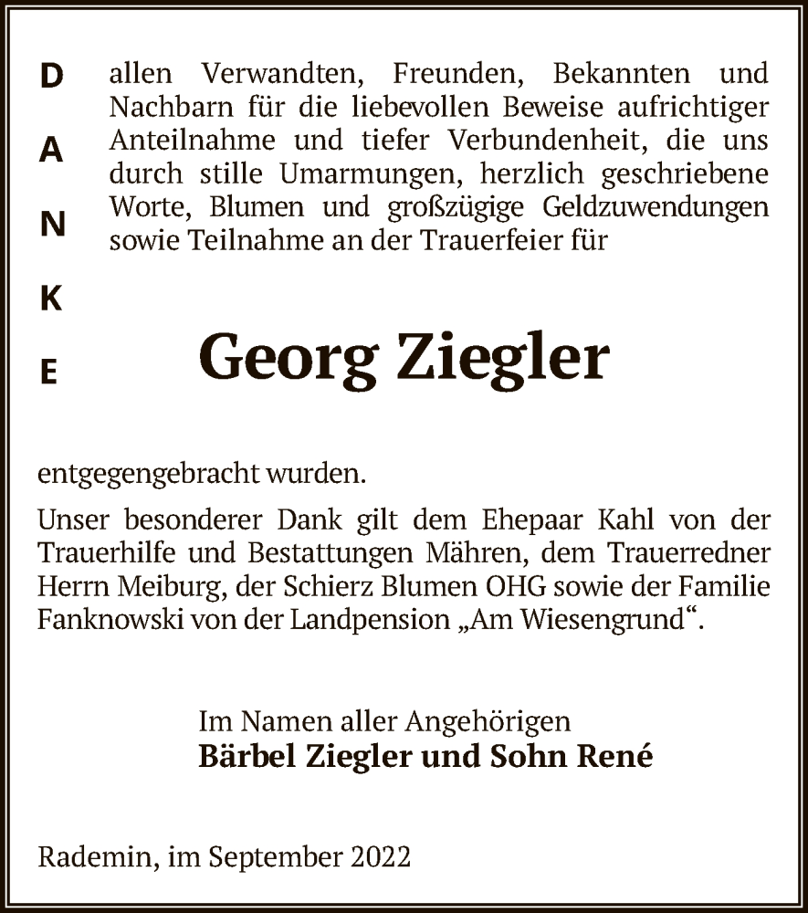  Traueranzeige für Georg Ziegler vom 23.09.2022 aus UEL