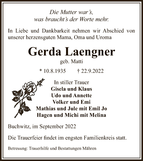 Traueranzeige von Gerda Laengner von UEL