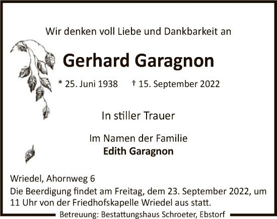 Traueranzeige von Gerhard Garagnon von UEL