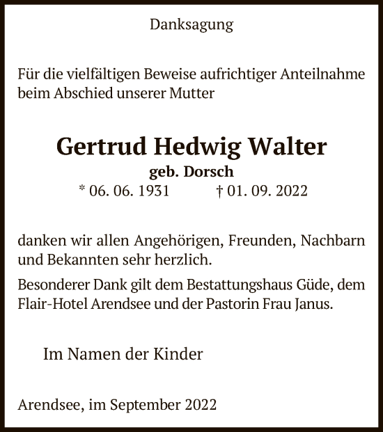 Traueranzeige von Gertrud Hedwig Walter von UEL