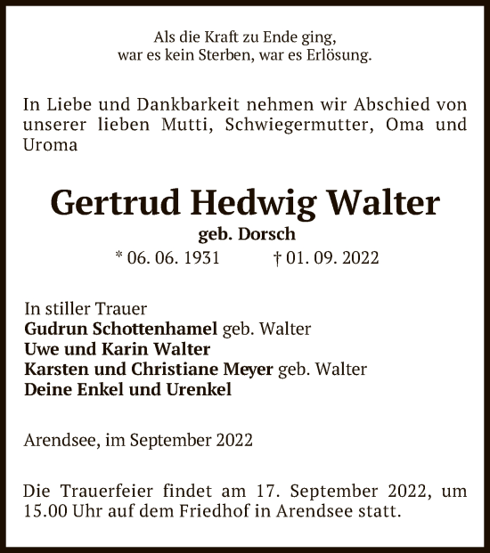 Traueranzeige von Gertrud Hedwig Walter von UEL