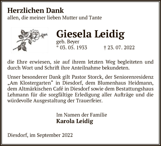 Traueranzeige von Giesela Leidig von UEL