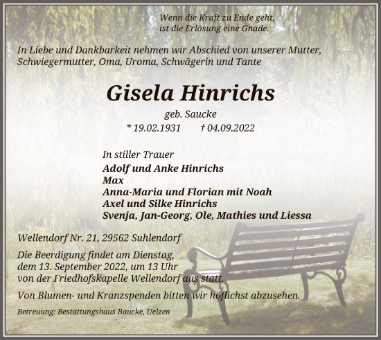 Traueranzeige von Gisela Hinrichs von UEL