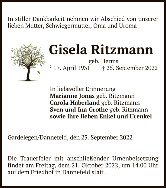 Traueranzeige von Gisela Ritzmann von UEL