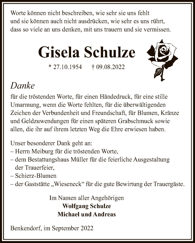  Traueranzeige für Gisela Schulze vom 23.09.2022 aus UEL