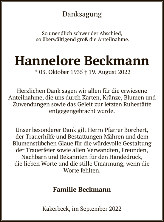 Traueranzeige von Hannelore Beckmann von UEL