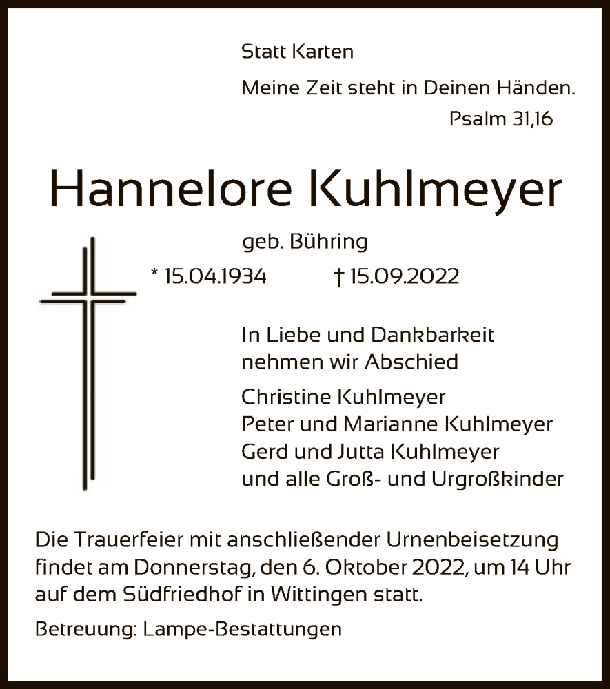  Traueranzeige für Hannelore Kuhlmeyer vom 20.09.2022 aus UEL
