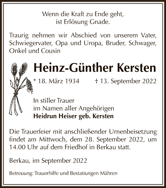 Traueranzeige von Heinz-Günther Kersten von UEL