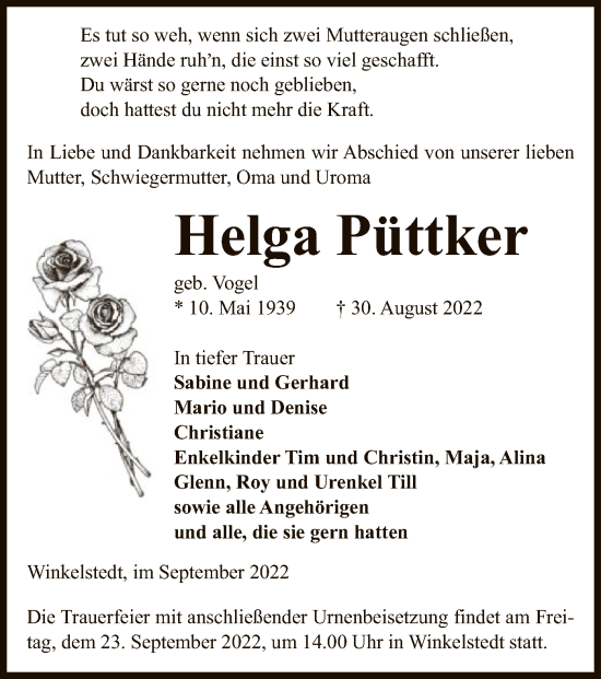 Traueranzeige von Helga Püttker von UEL