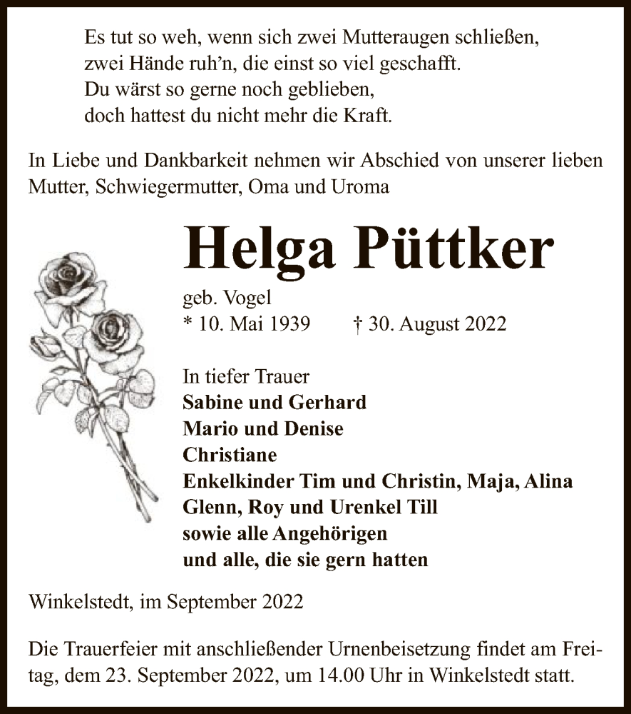  Traueranzeige für Helga Püttker vom 10.09.2022 aus UEL