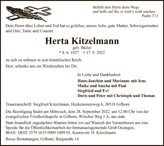 Traueranzeige von Herta Kitzelmann von UEL