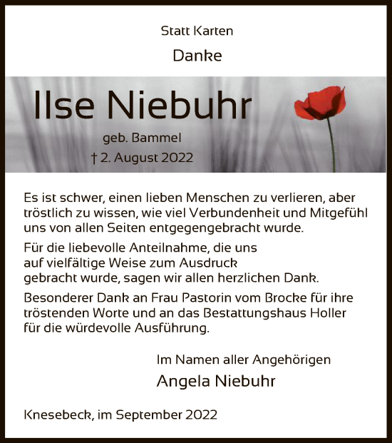 Traueranzeige von Ilse Niebuhr von UEL