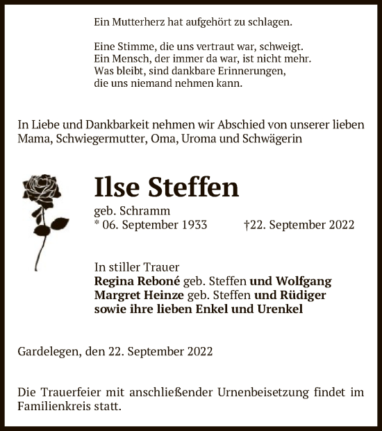 Traueranzeige von Ilse Steffen von UEL