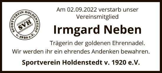 Traueranzeige von Irmgard Neben von UEL