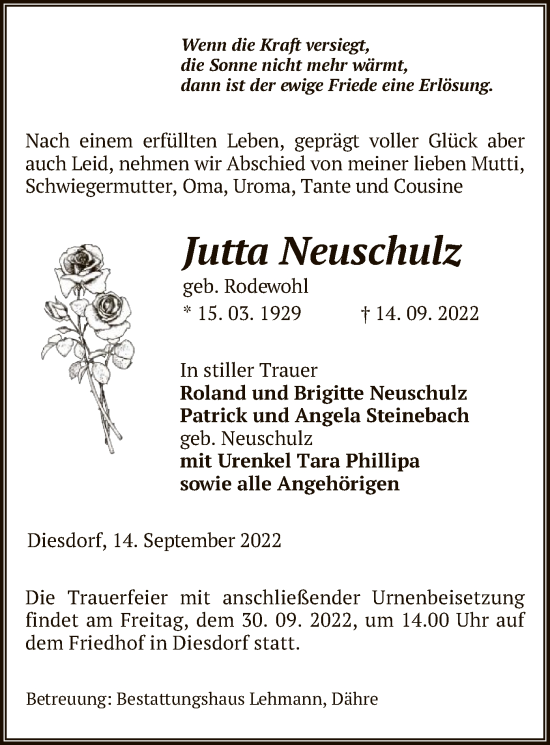 Traueranzeige von Jutta Neuschulz von UEL