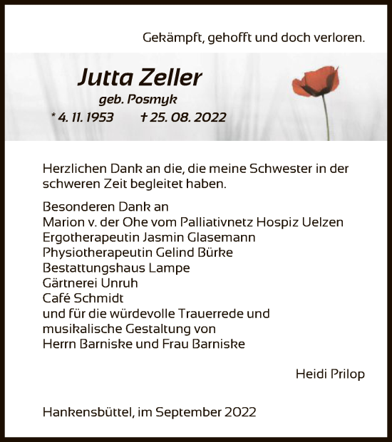 Traueranzeige von Jutta Zeller von UEL