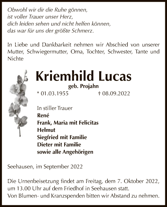 Traueranzeige von Kriemhild Lucas von UEL