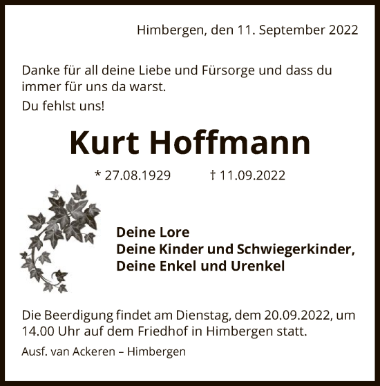 Traueranzeige von Kurt Hoffmann von UEL